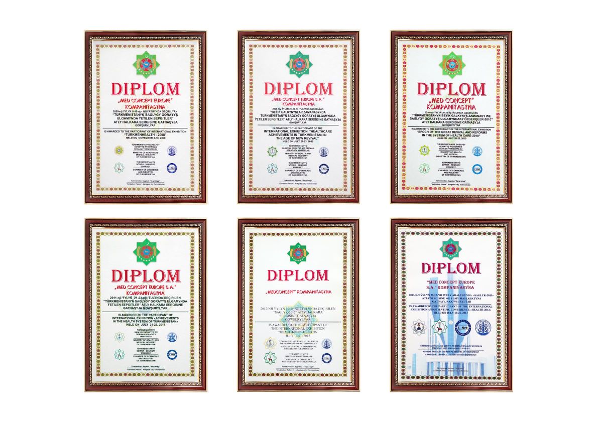 International Medical Exhibitions of Turkmenistan participation diplomas 2014-2023