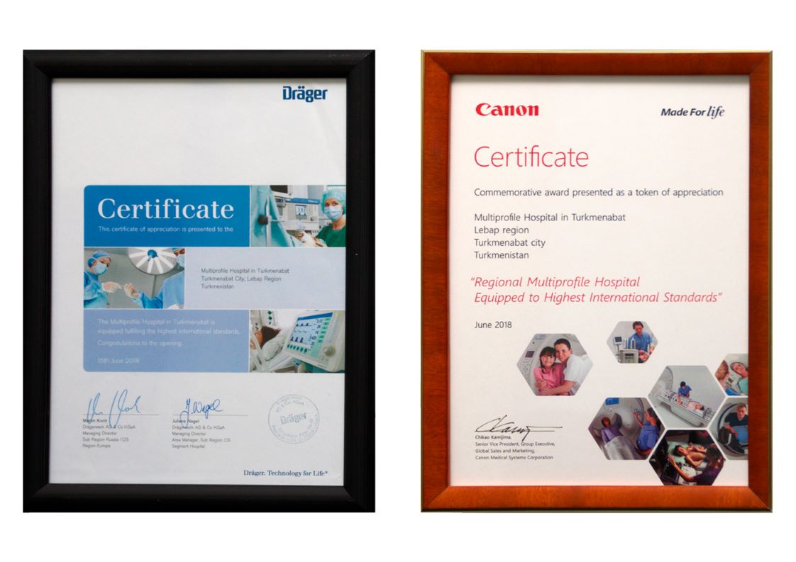 Appreciation certificates for Multiprofile Hospital for 676 beds in Turkmenabad, Turkmenistan