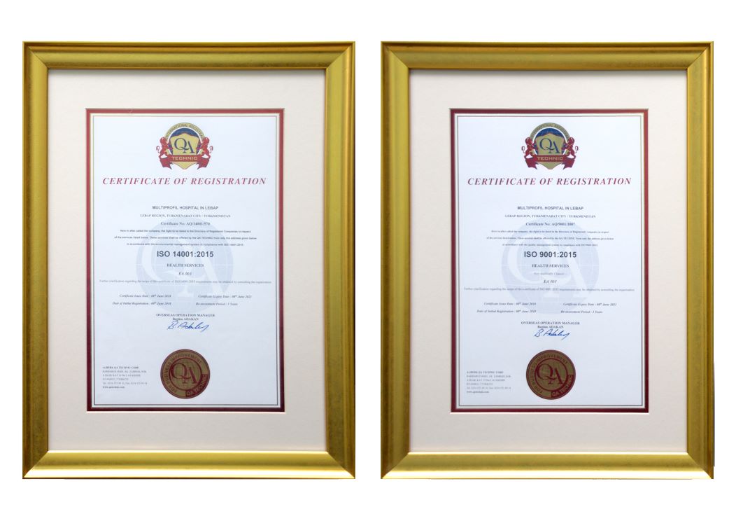 ISO certificates for Multiprofile Hospital for 676 beds in Turkmenabad, Turkmenistan