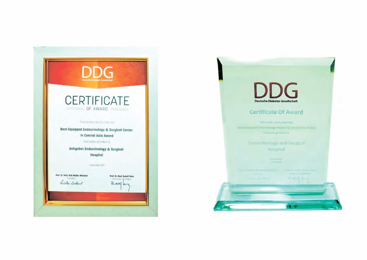 “Best Equipped Center in Central Asia” from the German Endocrinology Society certificate for International Endocrinology and Surgery Medical Center, Ashgabat, Turkmenistan