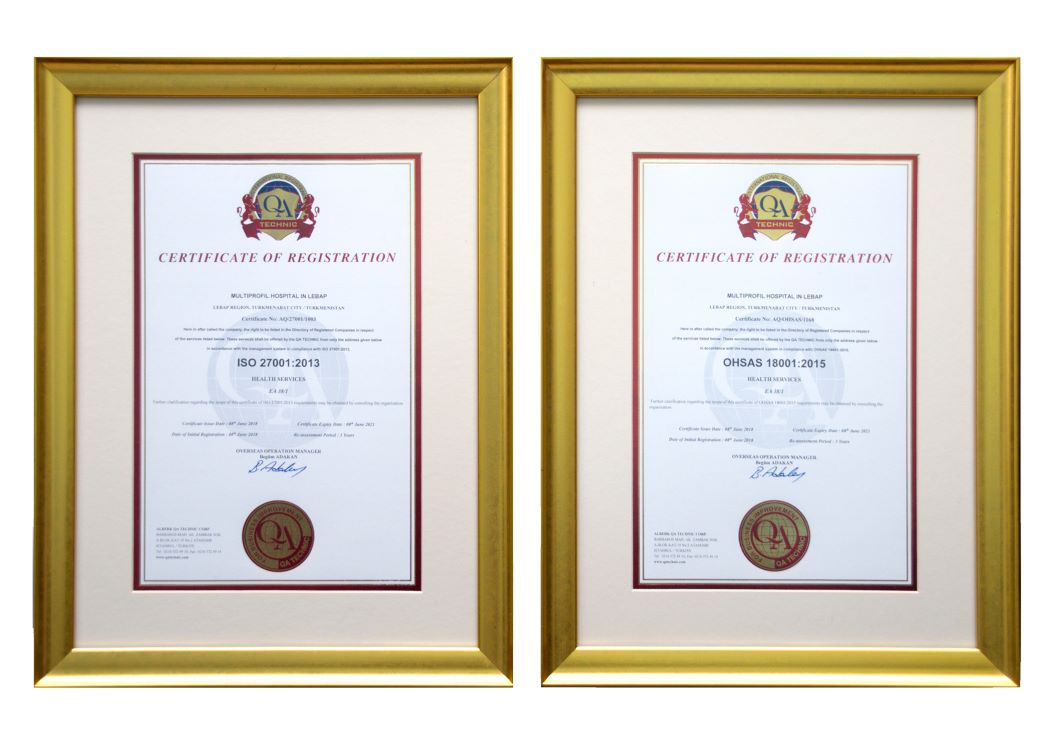ISO certificates for Multiprofile Hospital for 676 beds in Turkmenabad, Turkmenistan