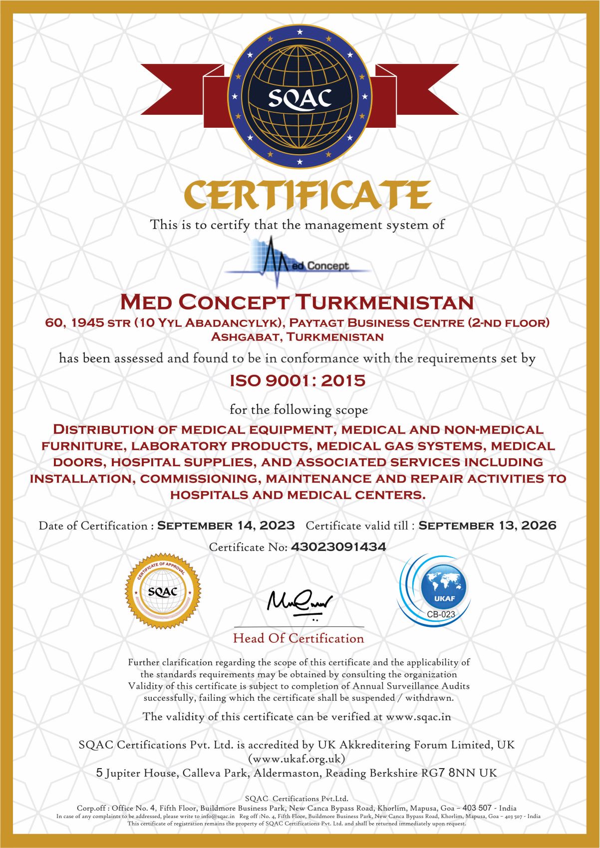ISO Certificate Med Concept Turkmenistan